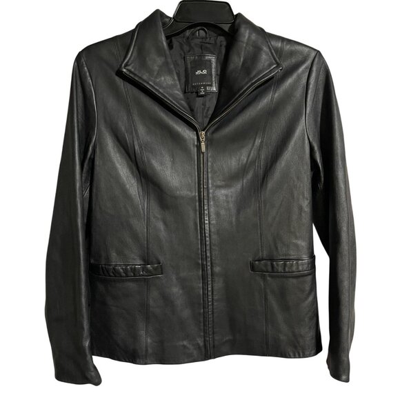 JLC New York Womens Black Leather Jacket Size Medium Modern Zip Up Fully Lined - Picture 6 of 8